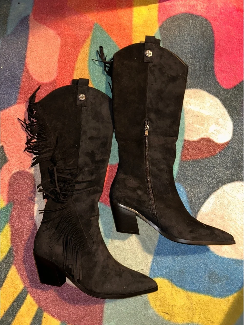 Black Suede Fringe Mid-Calf Boots with Block Heel